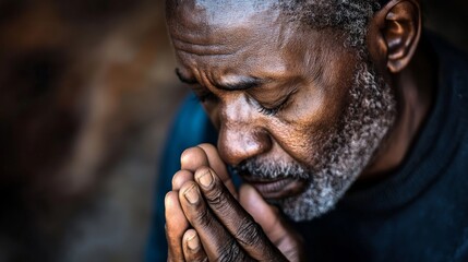 Close up of an elderly african american man with his eyes closed and hands clasped in prayer