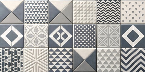 Patterned ceramic tile array featuring geometric and abstract designs in a seamless arrangement