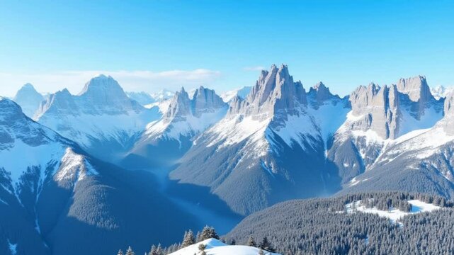 Snow covered Dolomite mountains in South Tyrol, Italy, under a clear blue sky. The camera pans slowly, highlighting rugged peaks and forested slopes.