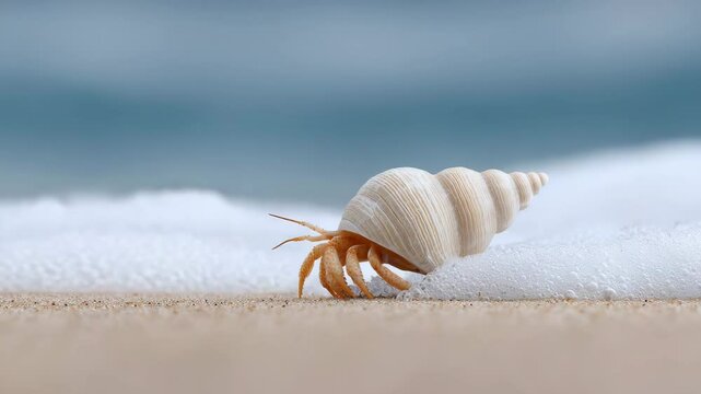 Close-up of small hermit crab with textured white shell making its way through sea foam on a quiet beach