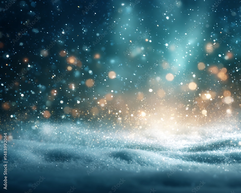 Poster Digital Image of Snowdrift with Bokeh Lights and Falling Snow