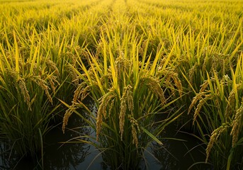 Mature Rice Plants in Flooded Paddy Field at Sunset 