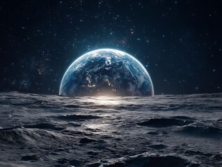 Earth-like Planet Rising Above Lunar Surface