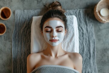Woman with facial mask lying on towel covered surface with bowls and soap in the background