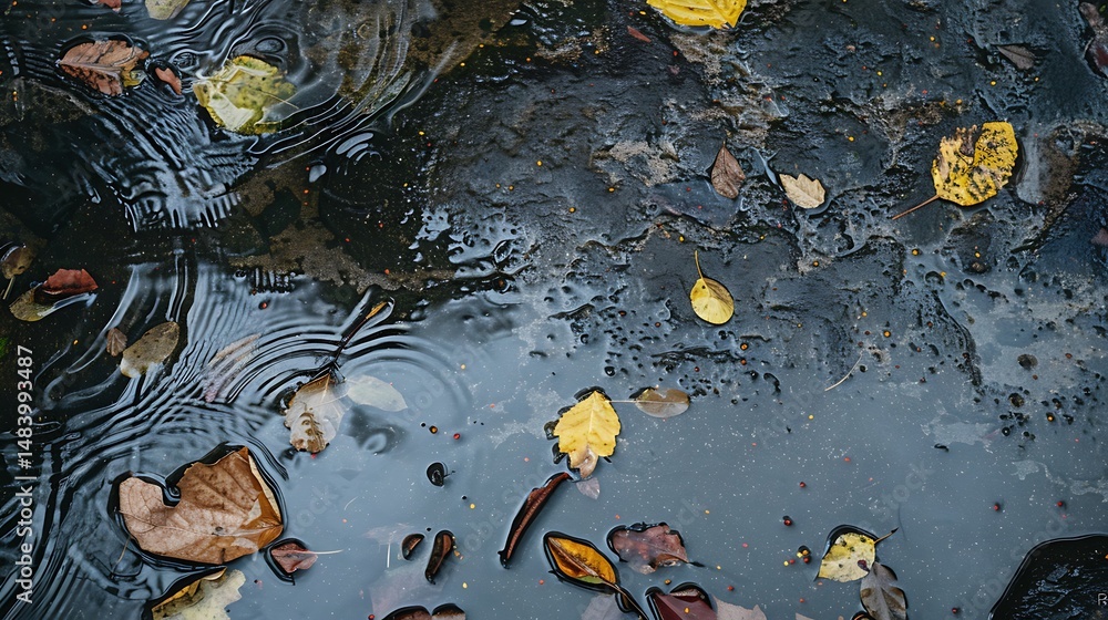 Poster autumnal leaves floating on water surface with rainfall creating circular ripples