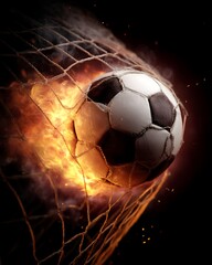 Naklejka premium Fiery Soccer Ball Entering Goal Net