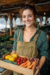 A woman smiling holding an open wooden box full of vegetables, yellow peppers, tomatoes, salad, carrots, onions