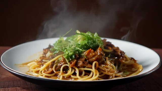 side view video of pad see ew wide rice noodles with visible char rotating against a deep brown background low key lighting concept for food advertising