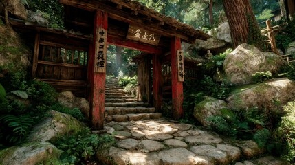 Obraz premium Enchanting Forest Pathway with Traditional Gate and Stone Steps Leading to Serene Nature Destin