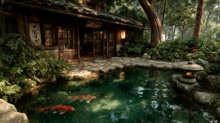 Serene Japanese Garden with Koi Pond and Traditional Architecture