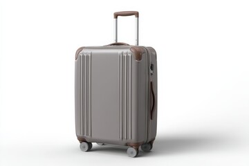 A light gray carry-on suitcase with brown accents stands on a white background. Perfect for travel photography.