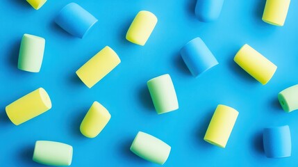 Colorful foam shapes scattered on blue background