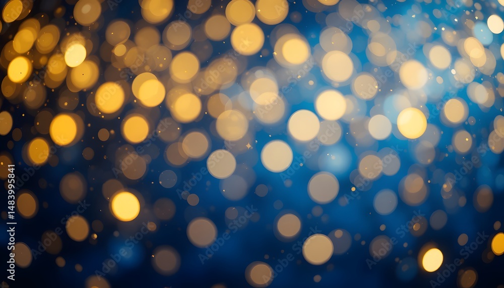 Fototapete blue and gold bokeh background, shimmering lights texture. festive celebration backdrop for graphic 