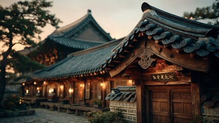 Obraz premium Traditional Architecture with Intricate Roof Design and Warm Lighting