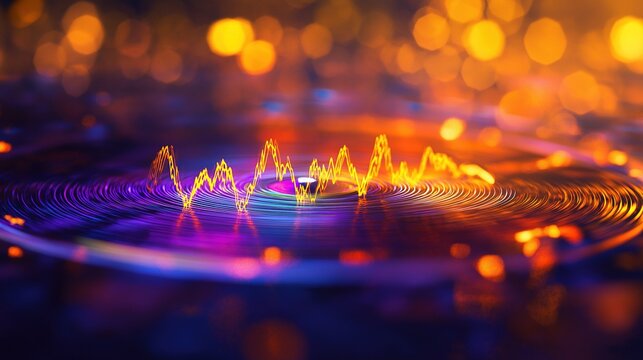 Vibrant vinyl record with rainbow sound waves, evoking the universal joy of music on World Music Day