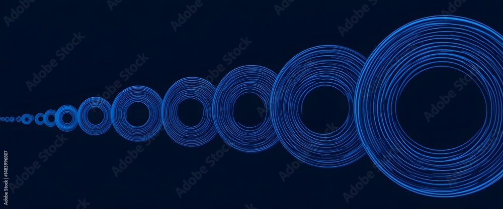 Poster Abstract Blue Wave Propagation. Energy Flow Visualization, Science Graphic. Dynamic Circular Patterns Receding Into Distance. Conceptual Design, Movement Through Space.