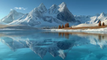 A serene mountain range covered in snow is reflected in the crystal clear waters of a tranquil lake with trees along the shoreline on a bright, sunny day.