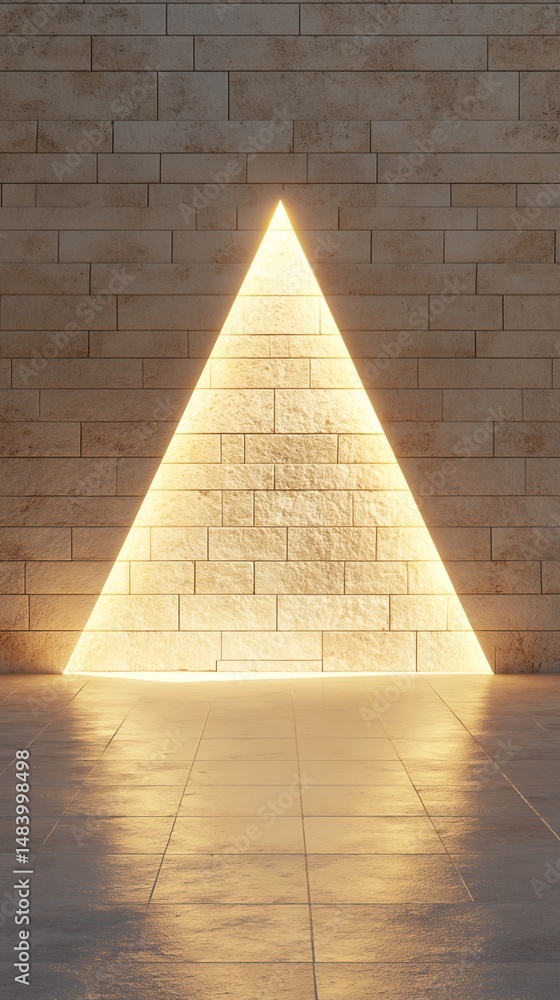 Poster illuminated triangular shape on brick wall and tile floor