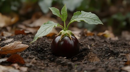 Young Eggplant Plant Growing in Soil, Closeup