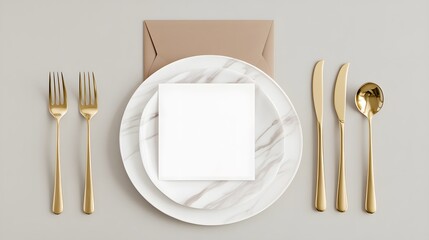 Elegant Gold Cutlery Mockup with Marble Plate and Blank Card