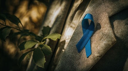 Obraz premium Blue ribbon pin on lapel with liver-shaped foliage, symbolizing hope and awareness for World Hepatitis Day