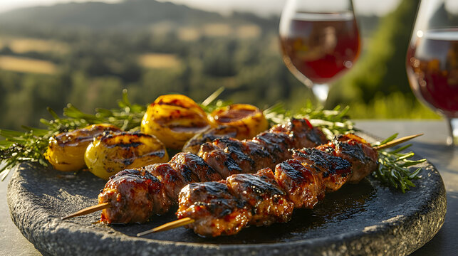 Pincho Moruno, Spanish Meat Skewer with perfectly grilled meats, skewered and arranged on a weathered stone plate