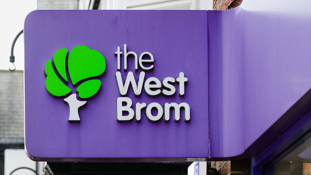 Newtown, Wales, UK - March 29, 2025; Sign with logo for West Bromwich Building Society with abbreviation of the West Brom