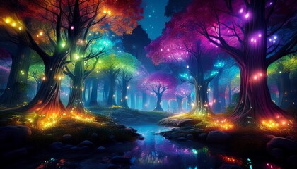Obraz premium a whimsical forest scene with trees wrapped in fairy lights that glow in rainbow colors creating an enchanting atmosphere
