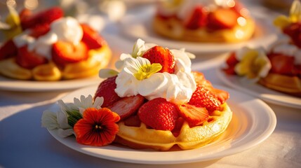 Golden Belgian waffles with strawberries and cream, surrounded by red and yellow flowers - a festive celebration of Belgium's National Day
