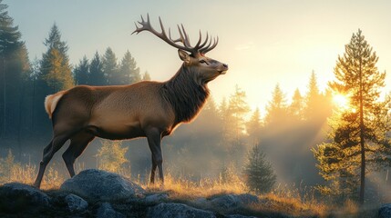 Majestic deer in a misty forest sunrise