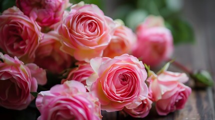 Naklejka premium Close Up Pink Roses Bouquet Arrangement on Rustic Wooden Surface