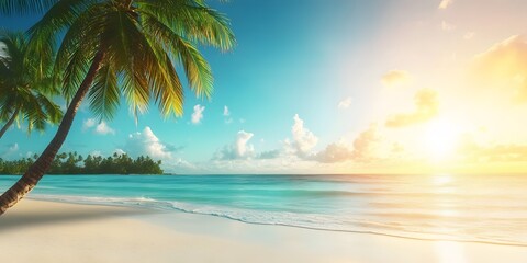 Stunning Tropical Beach Sunrise Palm Trees Ocean Scene