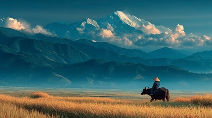 Tranquil Scene of a Person Riding an Animal in a Golden Field with Majestic Mountains and Cloud