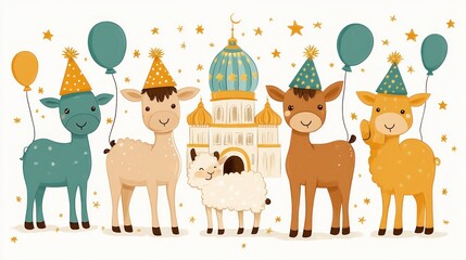 Naklejka premium Eid al-Adha Celebration: Cute Animals and Festive Mosque