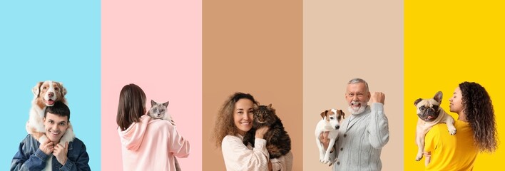Set of happy owners with their domestic animals on color background
