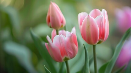 Fototapeta premium Close-Up View of Pink Tulips Blooming in a Green Garden