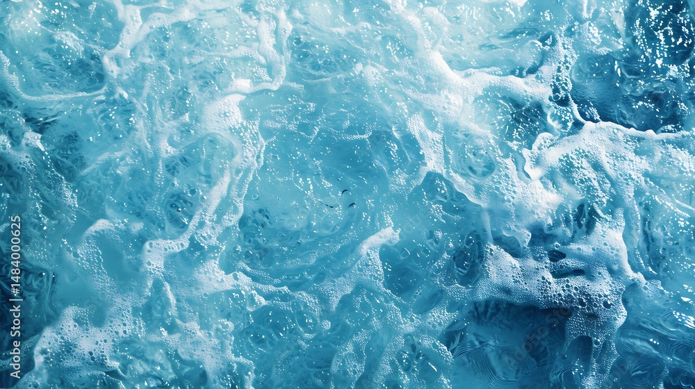Poster close up view of turquoise water surface with dynamic foam and ripple texture