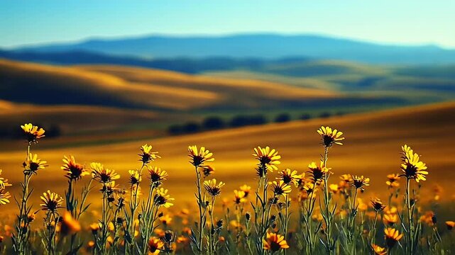 Golden hour bathes rolling hills and wildflowers in warm light, creating a serene landscape