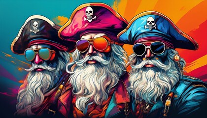 Naklejka premium vibrant pop art style portraits of three stylized pirates with sunglasses