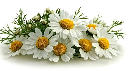 Bunch of white daisies with yellow centers and delicate green leaves on white - Powered by Adobe