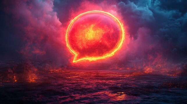 Fiery speech bubble in a dramatic landscape - Powered by Adobe