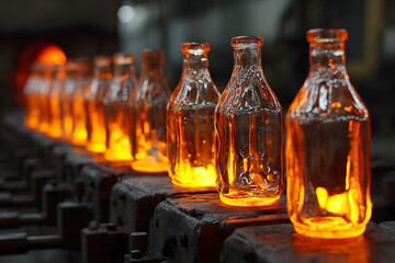 Glass bottle manufacturing line molten glass bein