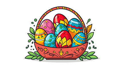 Easter Basket With Eggs Outline - White Background Easter Holiday Design Template