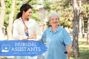 Banner for Happy National Nursing Assistants Week with African-American female medical worker and elderly woman in park