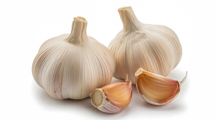 A high-resolution product photograph of two whole garlic bulbs and two loose garlic cloves against a pure white background