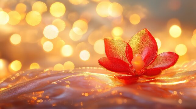Close-up of a red bauhinia brooch on silk, golden light on petals, festive city backdrop - celebrating Hong Kong's establishment day with elegance.