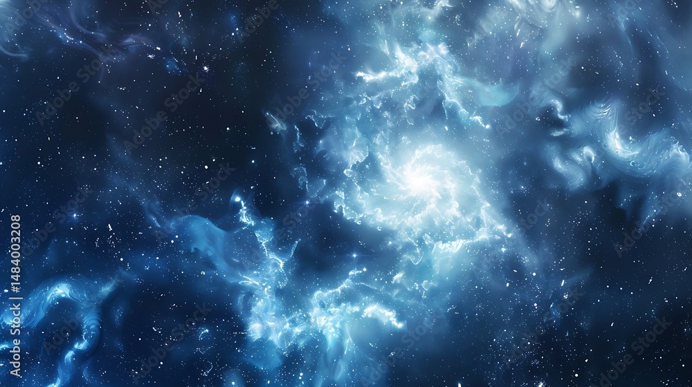 Poster cosmic nebula of blue light with swirling forms and countless stars in deep space