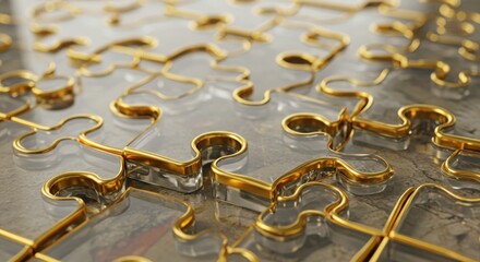 Puzzle pieces connecting together made of transparent glass and gold edges