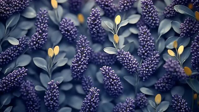Close-up of a beautiful floral pattern with small purple flowers and gray leaves