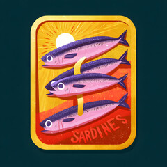 Colorful sardines illustration with vibrant sunset background highlighting ocean life and fishing culture